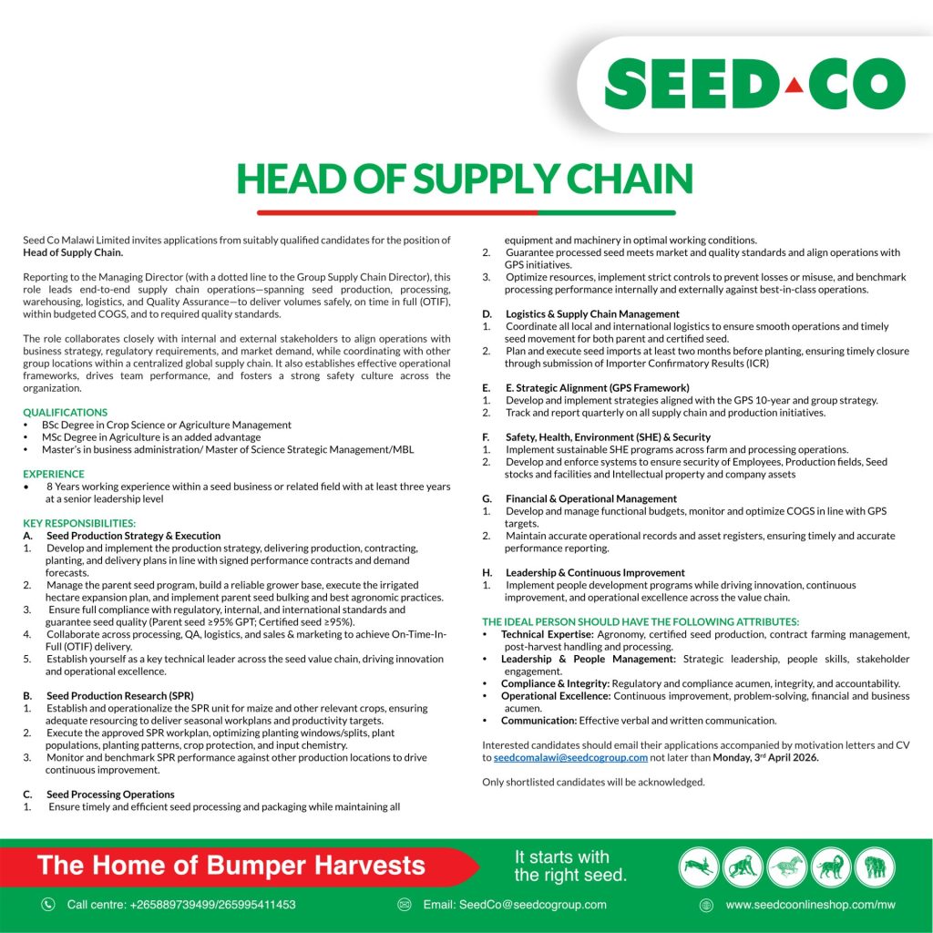 head of supply chain vacancy