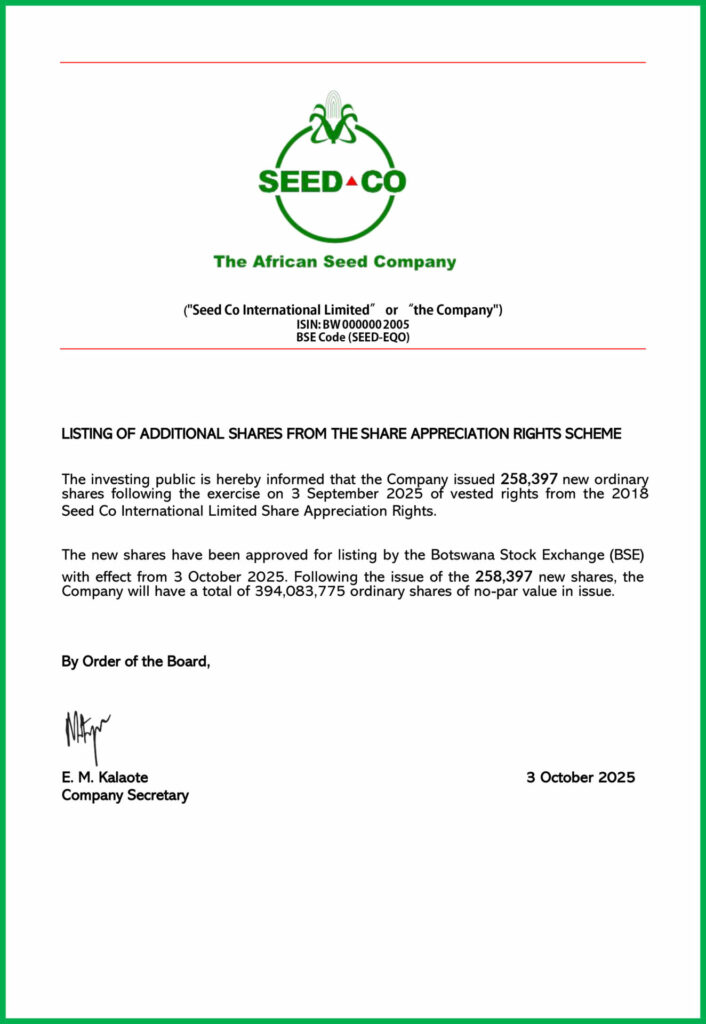 Seed Co International Issue of Additional Shares Announcement 3 October 2025 second