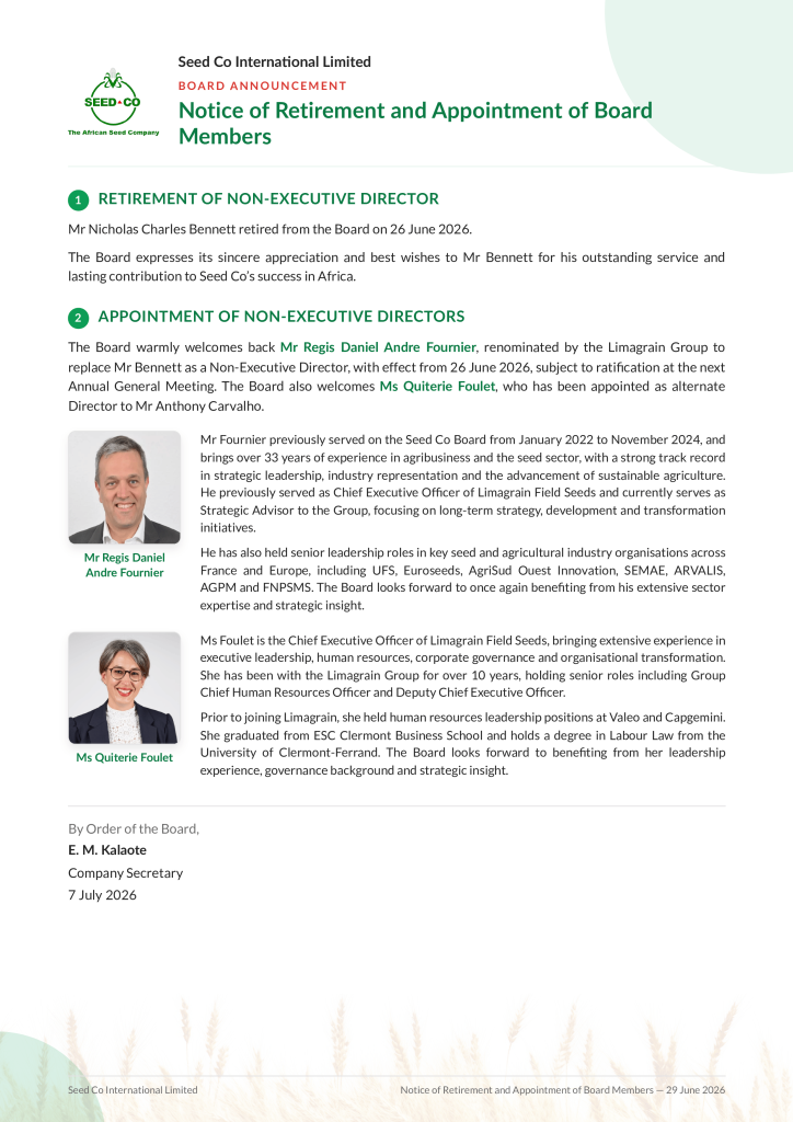 SCI Notice of Retirement and Appointment of Board Members 7 July 2026