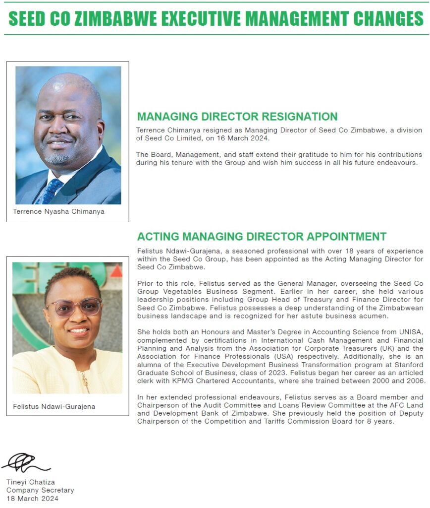 Seed Co Zimbabwe Executive Management Changes